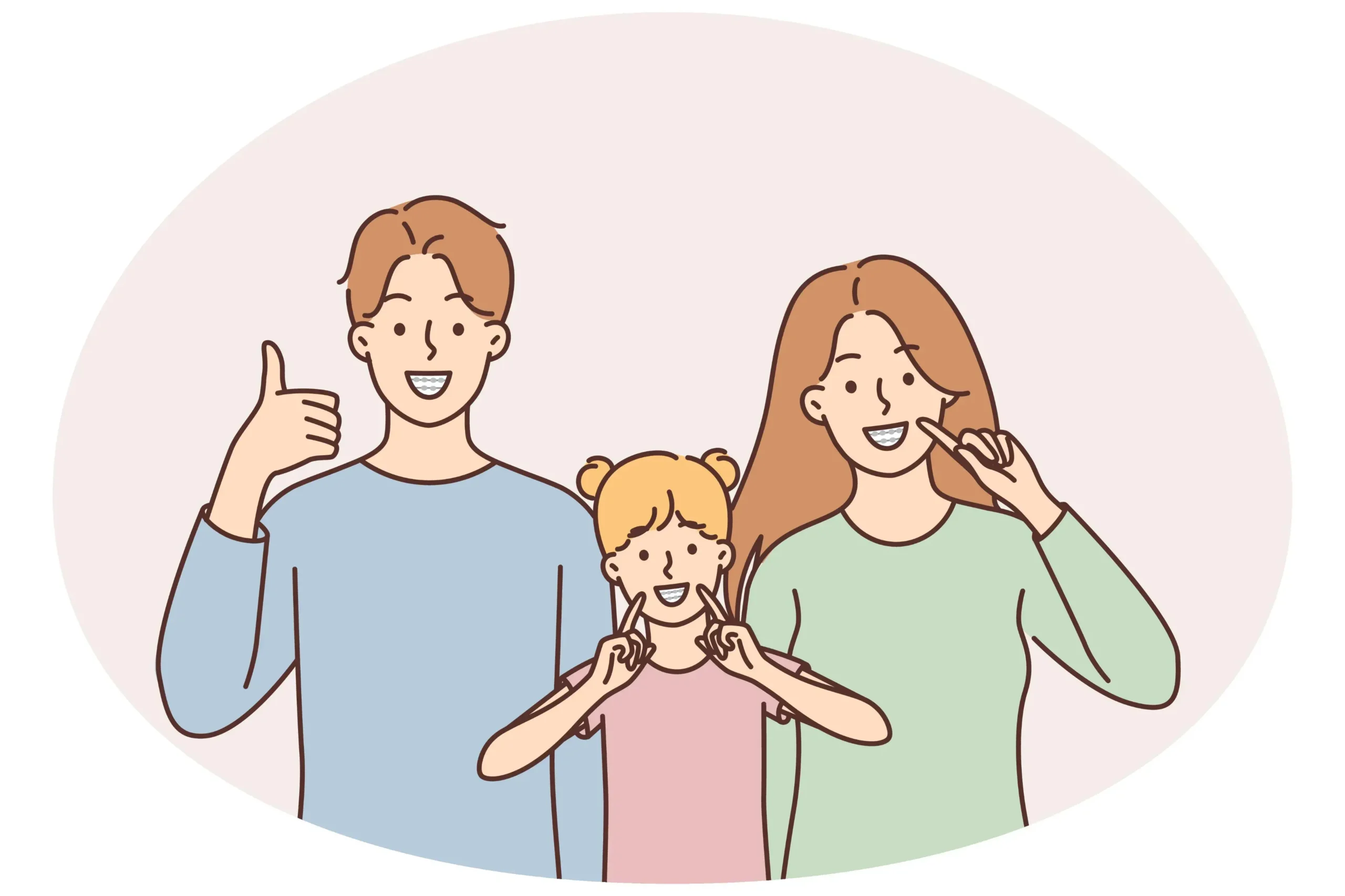 Illustration einer lächelnden Familie mit zwei Erwachsenen und einem Kind, die fröhliche Handgesten machen und zusammen vor einem hellen Hintergrund stehen.