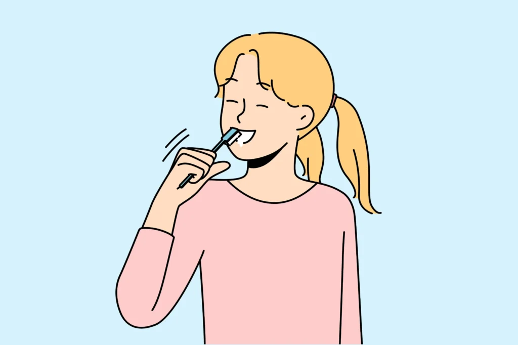 Illustration einer Person mit langen blonden Haaren in einem Pferdeschwanz, die sich die Zähne putzt und ein langärmeliges rosa Hemd vor einem hellblauen Hintergrund trägt. Illustration einer Person mit langen blonden Haaren in einem Pferdeschwanz, die sich die Zähne putzt und ein langärmeliges rosa Hemd vor einem hellblauen Hintergrund trägt.